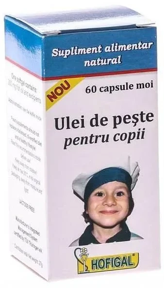 Ulei de peste pentru copii Hofigal 300 mg (Omega, Vit. D), 60 capsule
