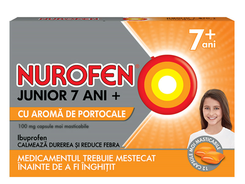 Nurofen Junior 7 ani+ cu aromă de portocale 100 mg 100 mg capsule moi masticabile