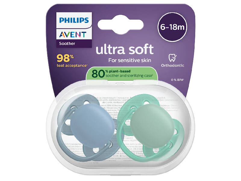 Philips Avent Ultra Soft Suzeta din silicon 6-18m albastru-verde2 buc