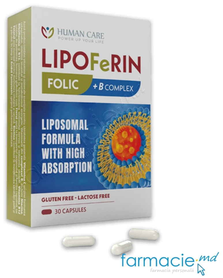 Supliment alimentar Human Care Lipoferin, Fier lipozomal 14 mg, Cupru, Vitaminele C si B2, 30 capsule
