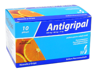 AntiGripal cu gust de portocală 500 mg/60 mg/4 mg pulbere pentru soluţie orală