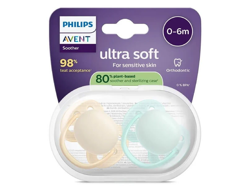 Philips Avent Ultra Soft Suzeta din silicon 0-6m galben-verde2 buc SC