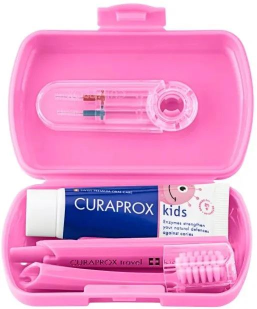 Set de calatorie pentru ingrijirea orala pentru copii Curaprox Roz