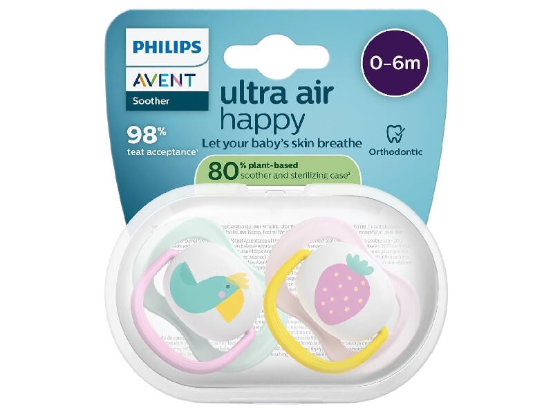 Philips Avent Ultra Air Happy Suzete din silicon 0-6m 2 buc papagal-c