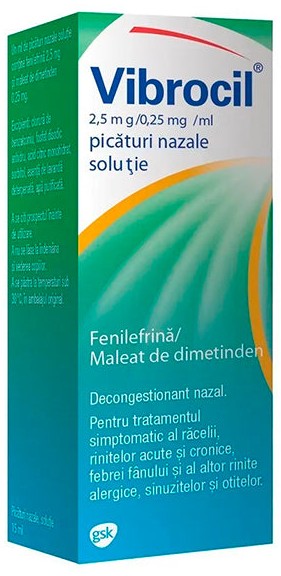 Vibrocil 2,5 mg/0,25 mg/ml spray nazal, soluție 2,5 mg/0,25 mg/ml / 15 ml spray nazal, soluţie