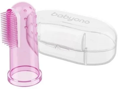 Periuta de dinti din silicon pentru gingii in cutie Babyono Roz