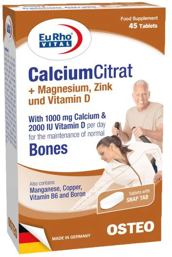Supliment alimentar Calciu Citrat + Vitamina D + Magneziu+Zinc EuRho Vital, 45 comprimate