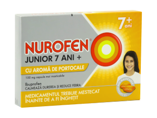 Nurofen Junior 7 ani+ cu aromă de portocale 100 mg 100 mg capsule moi masticabile