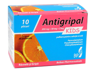 AntiGripal Kids cu gust de portocală 250 mg/30 mg/2 mg pulbere pentru soluţie orală