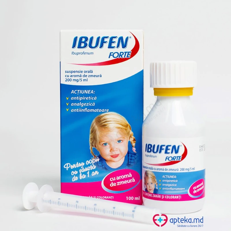 Ibufen Forte cu aromă de zmeură 200 mg/5 ml / 100 ml suspensie orală