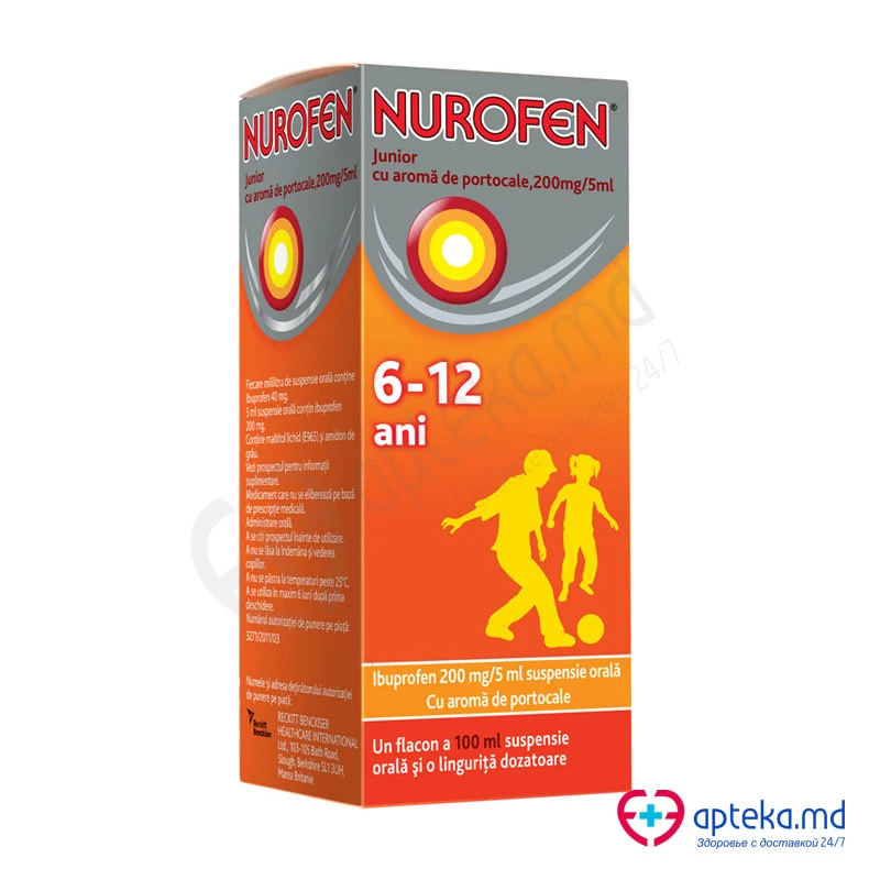 Nurofen Junior cu aromă de portocale 40 mg/ml / 100 ml suspensie orală