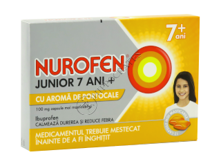 Nurofen Junior 7 ani+ cu aromă de portocale 100 mg 100 mg capsule moi masticabile