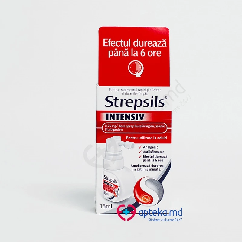 Strepsils Intensiv Cireșe și Mentă 8,75 mg/doză / 15 ml spray bucofaringian, soluţie