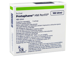 Protaphane HM Penfill 100 UI/ml / 3 ml suspensie injectabilă în cartuş