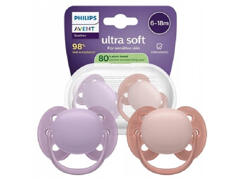 Philips Avent Ultra Soft Suzeta din silicon 6-18m roz-mov2 buc SCF091