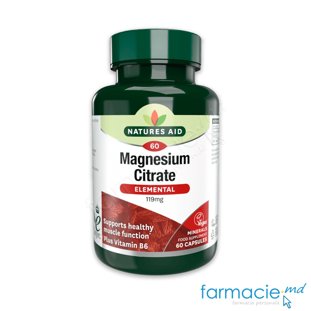 Natures Aid Supliment alimentar Magneziu Citrat 119 mg + Vit. B6 5 mg VEGAN Nature's Aid, 60 capsule