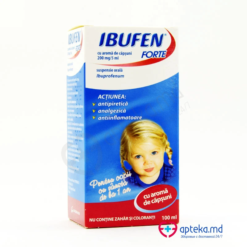 Ibufen Forte cu aromă de căpșuni 200 mg/5 ml / 100 ml suspensie orală