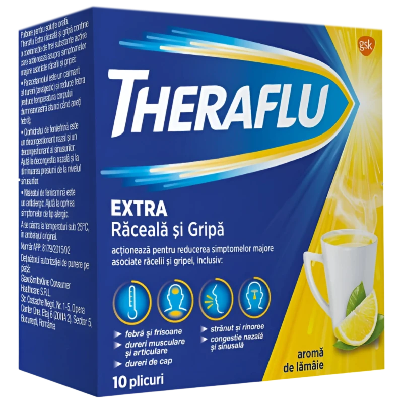 THERAFLU EXTRA Răceală și Gripă 650 mg/20 mg/10 mg pulbere pentru soluție orală 650 mg/20 mg/10 mg / 14,888 g pulbere pentru soluţie orală