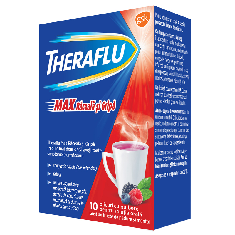 Theraflu Max Răceală și Gripă 1000 mg/10 mg/70 mg pulbere pentru soluție orală 1000 mg/10 mg/70 mg / 7,6 g pulbere pentru soluţie orală