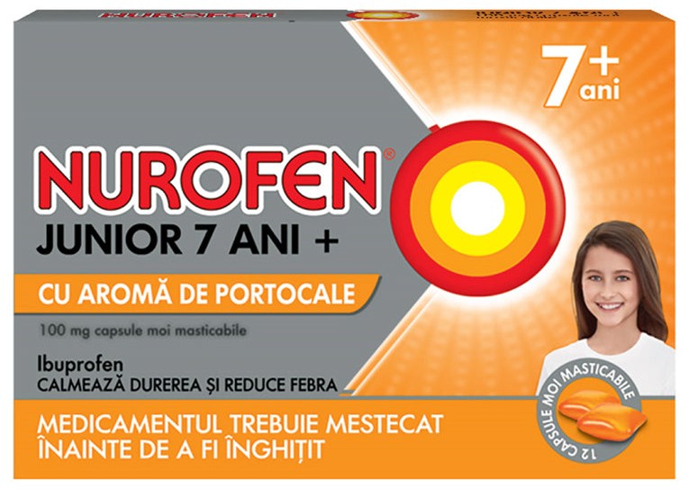 Nurofen Junior 7 ani+ cu aromă de portocale 100 mg 100 mg capsule moi masticabile
