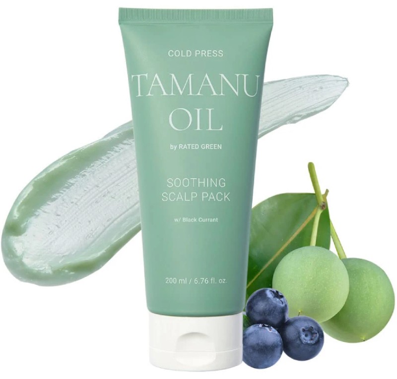 Mască pentru scalpul gras iritat cu descuamare Rated Green Cold Press Tamanu Oil Soothing Scalp Pack w/ Black Currant 200 ml