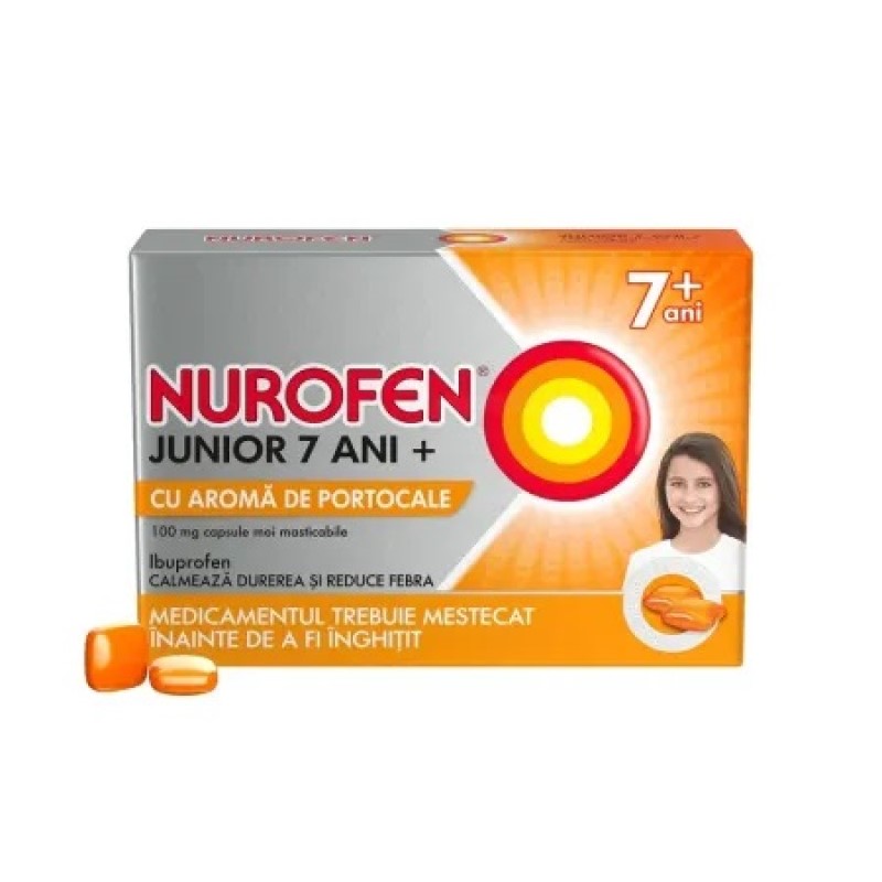 Nurofen Junior 7 ani+ cu aromă de portocale 100 mg 100 mg capsule moi masticabile