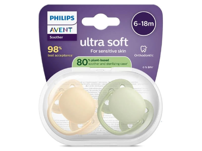 Philips Avent Ultra Soft Suzeta din silicon 6-18m galben-verde2 buc S