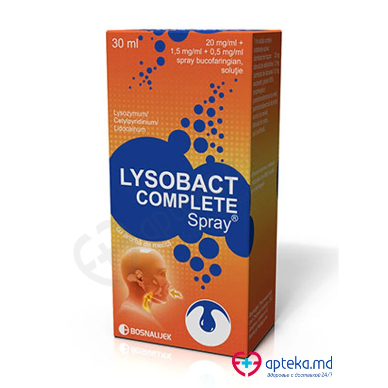 Lysobact Complete Spray 20 mg/ml + 1,5 mg/ml + 0,5 mg/ml / 30 ml spray bucofaringian