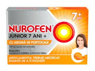 Nurofen Junior 7 ani+ cu aromă de portocale 100 mg 100 mg capsule moi masticabile