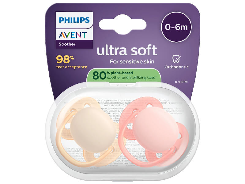 Philips Avent Ultra Soft Suzeta din silicon 0-6m roz-portocaliu2 buc