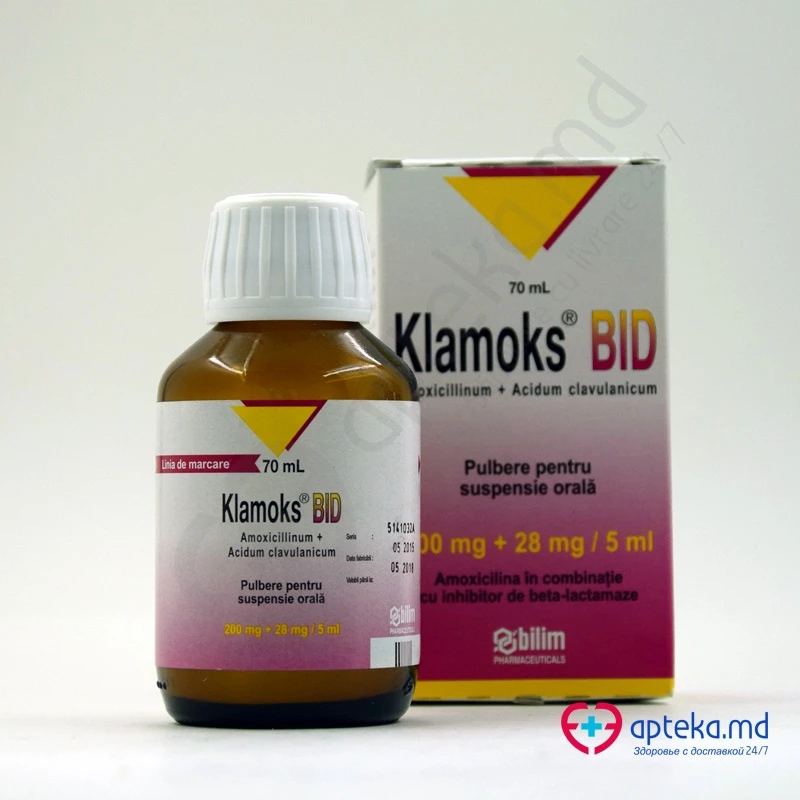 Klamoks BID 200 mg/28 mg/5 ml / 70 ml pulbere pentru suspensie orală
