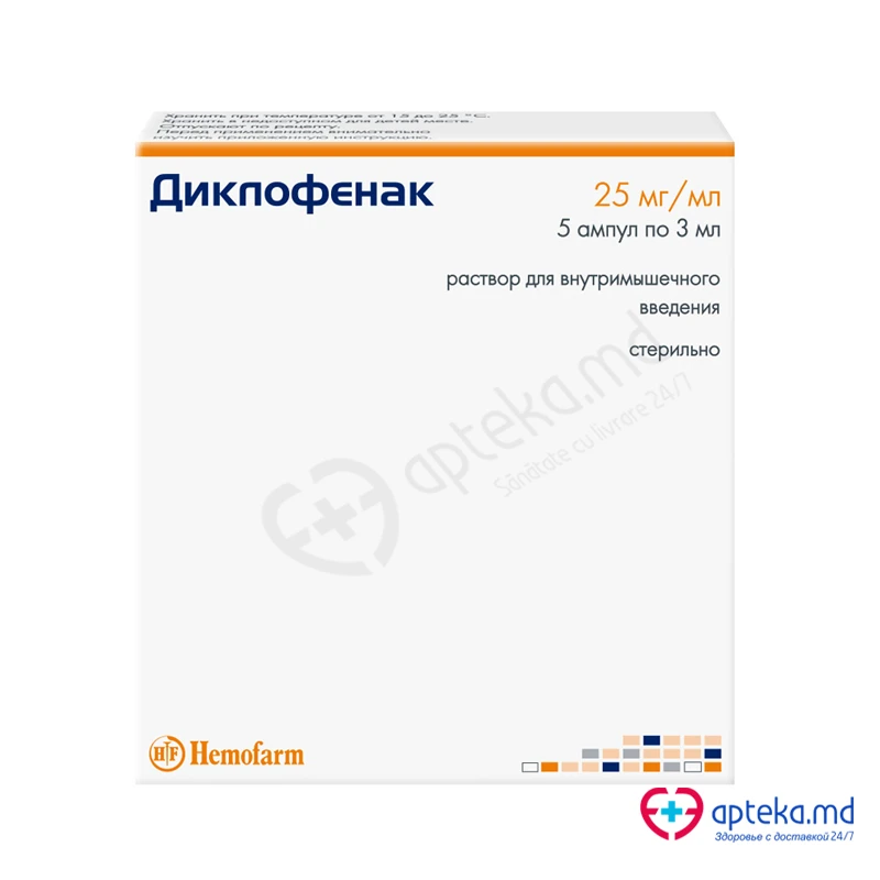 Diclofenac 25 mg/ml / 3 ml soluţie injectabilă
